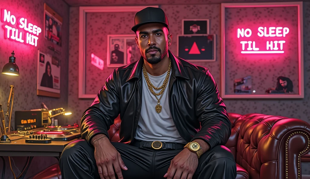 little man wearing black gangster outfit with purple NY cap and purple Nike sneakers holding a glass of whiskey sitting in an armchair with 2 women with purple bags