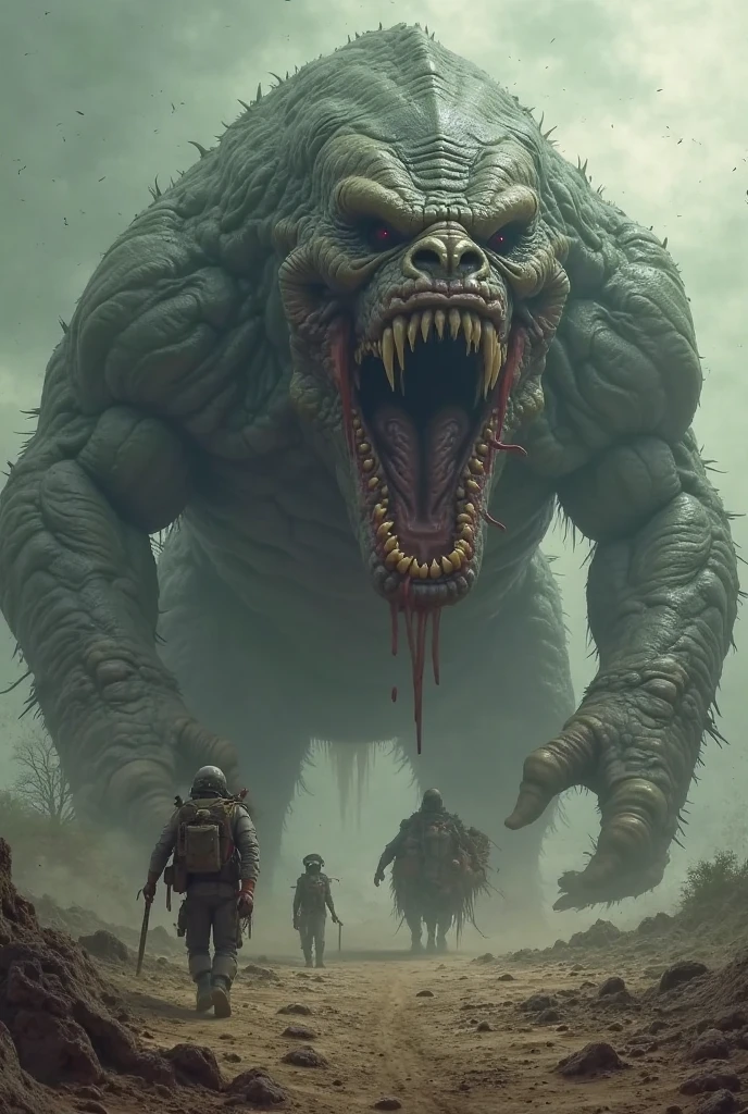 Giant creatures(divino）It is a giant creature that lives underground，Alien natives fight against the alien invasion army，Also known as the god of the earth by the locals, He rushed out of the ground to join the battlefield（Ground），The size of the giant creature avatar，The state of rushing out and the environment of the battlefield, The magnificence of the battlefield, （Large number of people） Sacrifice and prayer, （Horizontal composition）Haze Low saturation