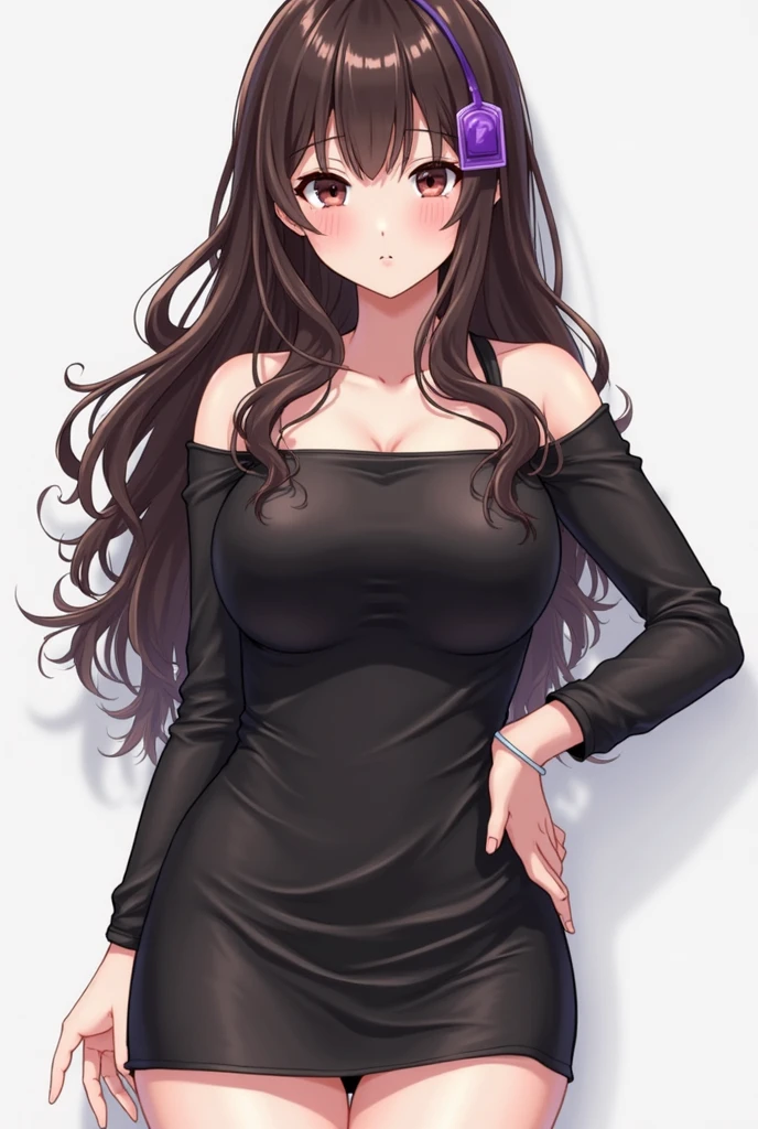 Make a very white woman with brown hair and blonde streaks with hair reaching her chest and with big brown eyes and pink lips, with a tight black dress and wine red nails, make her anime style and somewhat muscular
