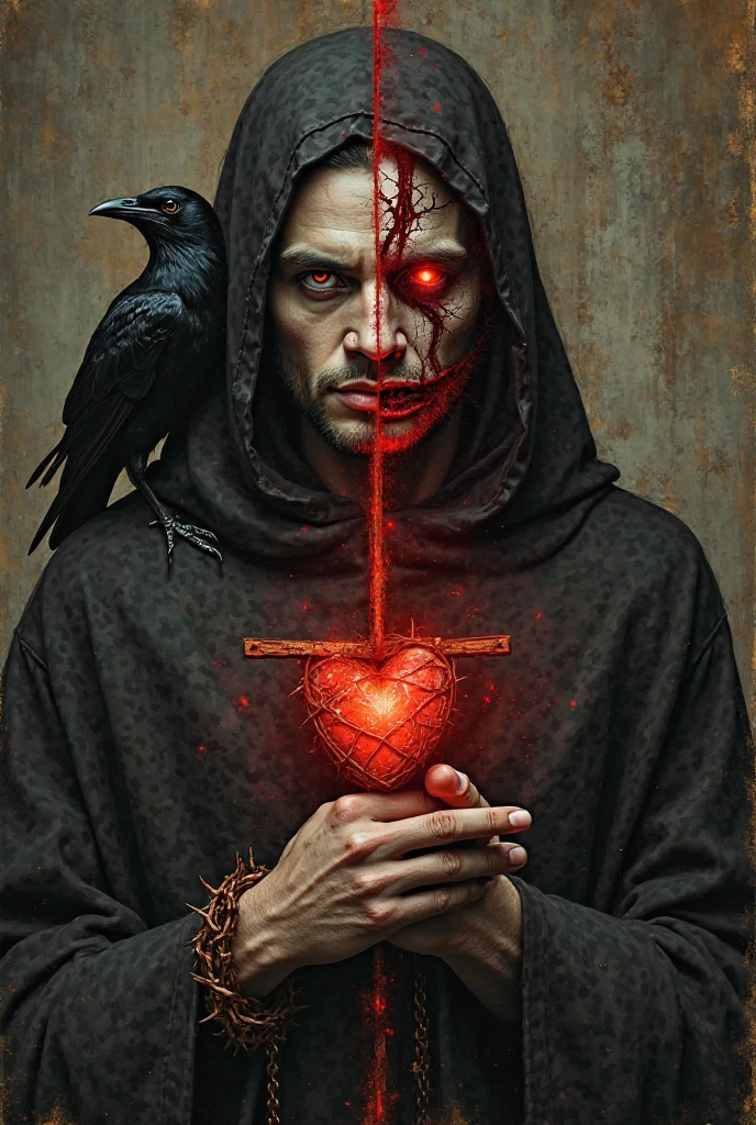 painting of a evil male necromancer in black robe, holding human heart in his hands, dark atmosphere, cinematic scene, ultra realistic, in the style of nicola samori
