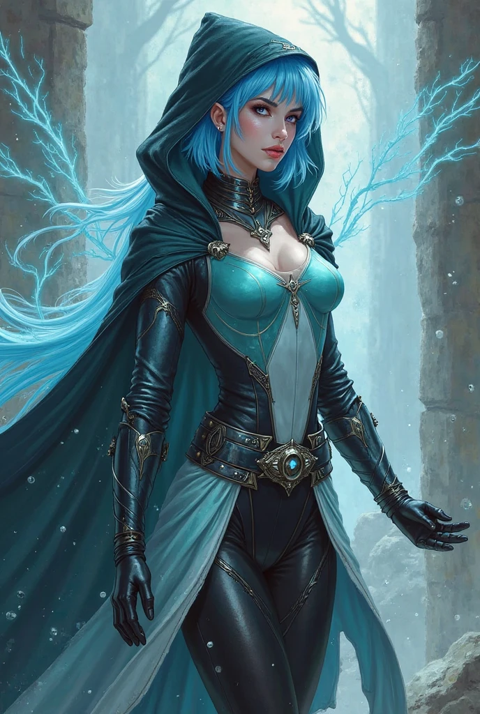 Slime girl, solo, 1girl, pointy ears, ((blue eyes, long hair, freckles across nose)), (light blue halter top, jewelry), cavern entrance, realistic, photoreal, ArsMJStyle, dnddarkestfantasy, dungeons and dragons, (magic in hand, hand on hip), DonMM4g1cXL