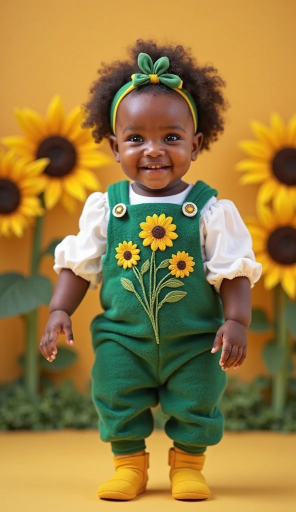 create an image of a 3 year old black girl with thick lips and curly hair walking in a flowery valley with several sunflowers and green grass