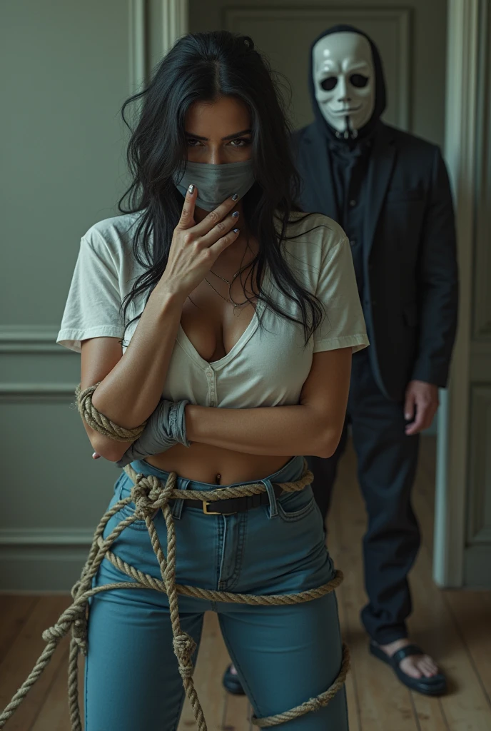 score_9, score_8_up, score_7_up, 2persons, 1man soldier named++A, 1girl named++B, in a luxurious living room, A groping B's breasts, B looking angry at A.
BREAK (B is a woman bound up with rope, lying on a couch, otm gag, gagged, arms bound above head, wrists bound with rope, bound above and below breasts, shibari over clothes, bound legs, bound thighs, bound knees, 40yo, African, (dark skin:1.29), dark brown hair, 50's vintage hairstyle, curly hair, updo, breasts length hair, brown eyes, (charcoal dress), puffed sleeves, long dress, (lift skirt), (queen anne neckline)), vintage shoes, vintage pantyhose, groped over dress, ((fear in eyes))).
BREAK (A is 1man in full body uniform, boots, holster, muscular, beard, bald).
BREAK : A groping B, hand down dress, saturated colors, living room, luxurious living room, wallpaper, paintings, baroque furniture, best quality, highly detailed, intricate detail, beautiful eyes, detailed face and eyes, perfect background, detailed background, detailed body, detailed anatomy, perfect anatomy, high-contrast