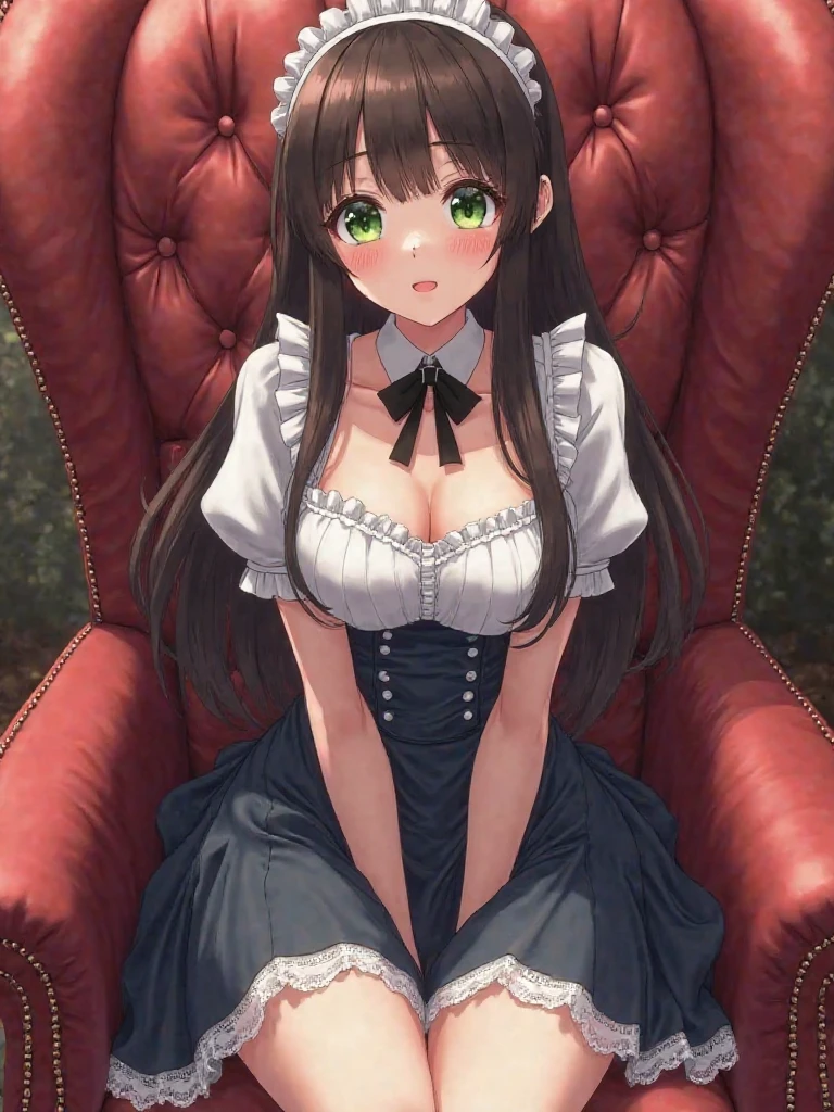Beautiful Woman with green eyes and brown hair in a ponytail, with big lips, with big breasts and big hips, wearing a frilly green bonnet, a frilly green corset, a frilly white diaper, white stockings, sitting in an armchair, crossing her legs, smiling