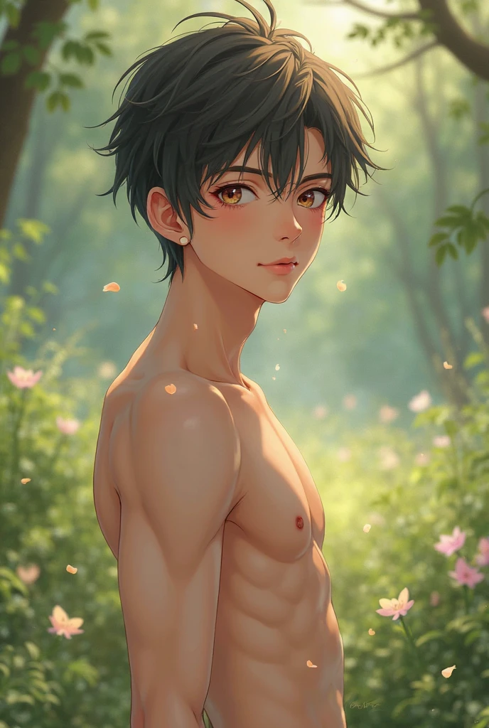 (best quality), realistic, japanese iris, garden, 15 year old Japanese idol boy, (abs), black short hair, tanned dark skin, (detailed brown eyes), (smile:0.8), white tiny thong, bulge, puffy nipples, detailed areola,