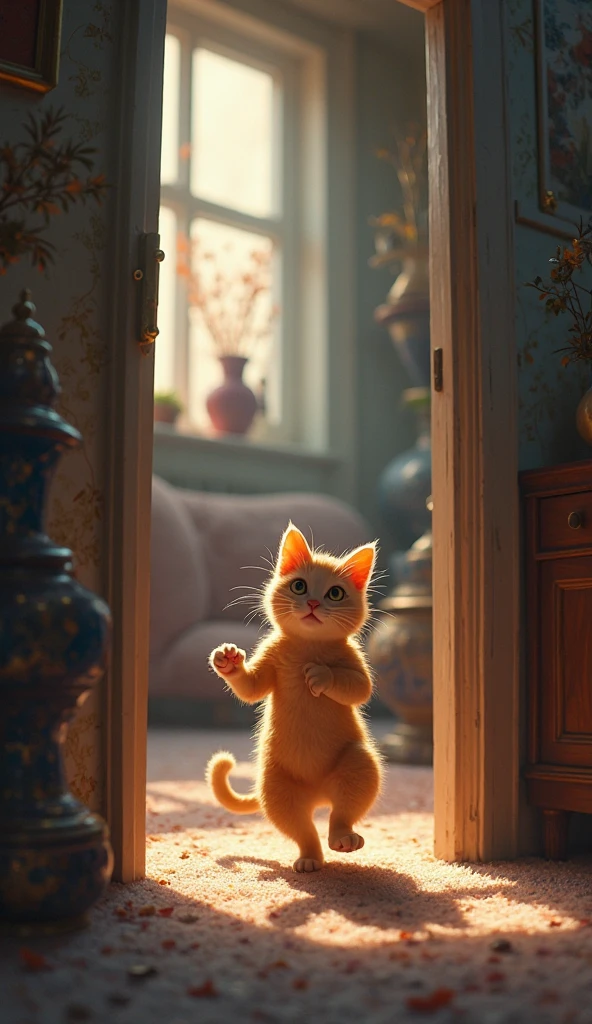Orange kitten,Smile and wave,The light from the back window is backlighted,The edges glow