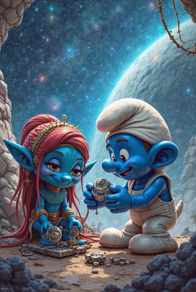 Smurfette is now a very beautiful young Japanese girl sitting on Papa Smurf's lap. Papa Smurf is very muscular and strong, with a cigar in his mouth and tattoos on his arms. He is seated in a chair. He has a gold necklace around his neck, and in one hand, he holds a gold-plated AK-47. On Papa Smurf's chest, there is a tattoo that says 'BATUHAN BEY'. The background shows the Smurfs' village in light-toned colors. The photo should have a realistic style.
