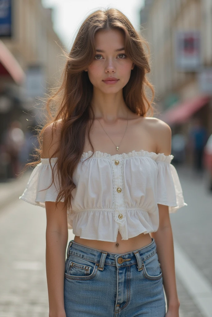 (masterpiece, best quality:1.5), highest quality, High resolution, super detailed, Realists, Bust portrait of a 22-year-old brunette woman, detailed and beautiful eyes, beautiful detailed lips, very detailed eyes and face, longeyelashes, A 22-year-old woman in a shiny purple satin top and a white denim skirt, Beautiful and colorful makeup, elegant and noble々Pose, Hairband,, City as background, bright daylight, bright colors, fine brushstrokes, Portrait style, beautiful color palette, glowing skin, First-class rendering, that captures every detail, enchanting atmosphere, (perfect anatomy:1.2), (The stunning woman wears a satin top and a white denim skirt. hand bag. She stands and shows off her figure, (magnificent panorama view:1.2)