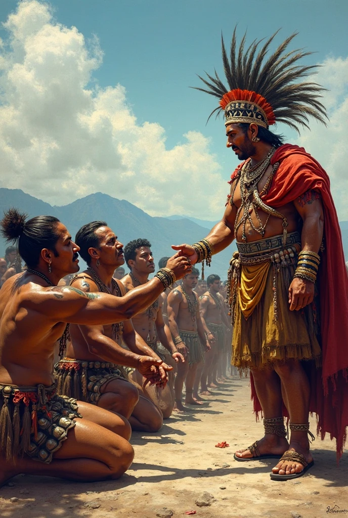 A Spanish man with his tribe, The Spanish chief is shaking hands with the indigenous chief who is also with his tribe.