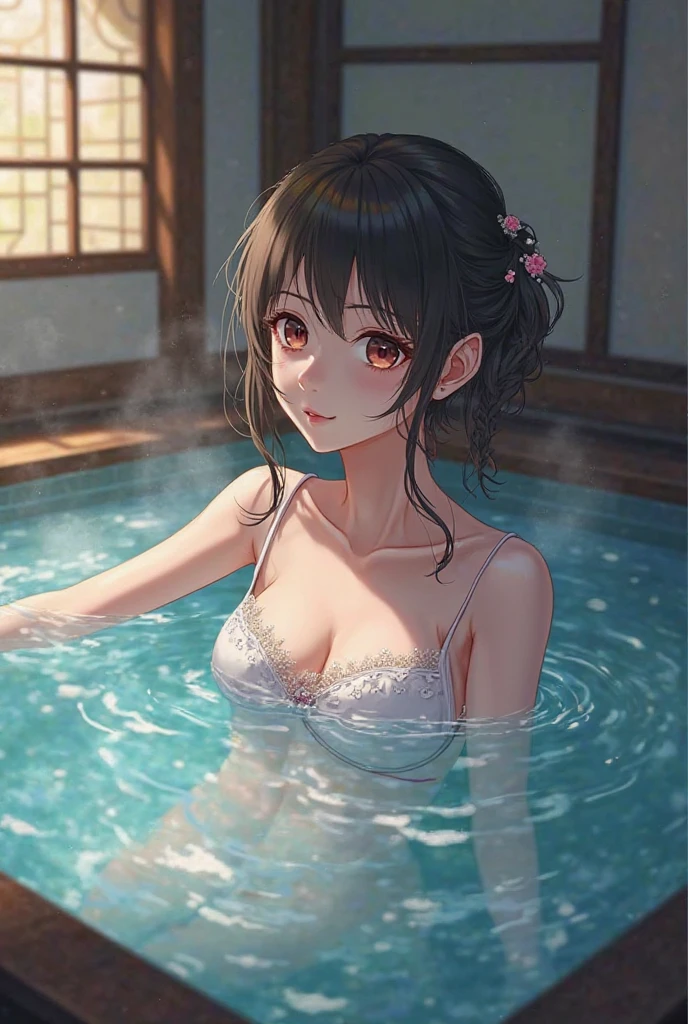 best quality, highres,Slender、brown eyes、tall、black hair、(forehead:1.3),bun hair、(hot spring:1.6)、(naked:1.3)、Silver earrings、shyness