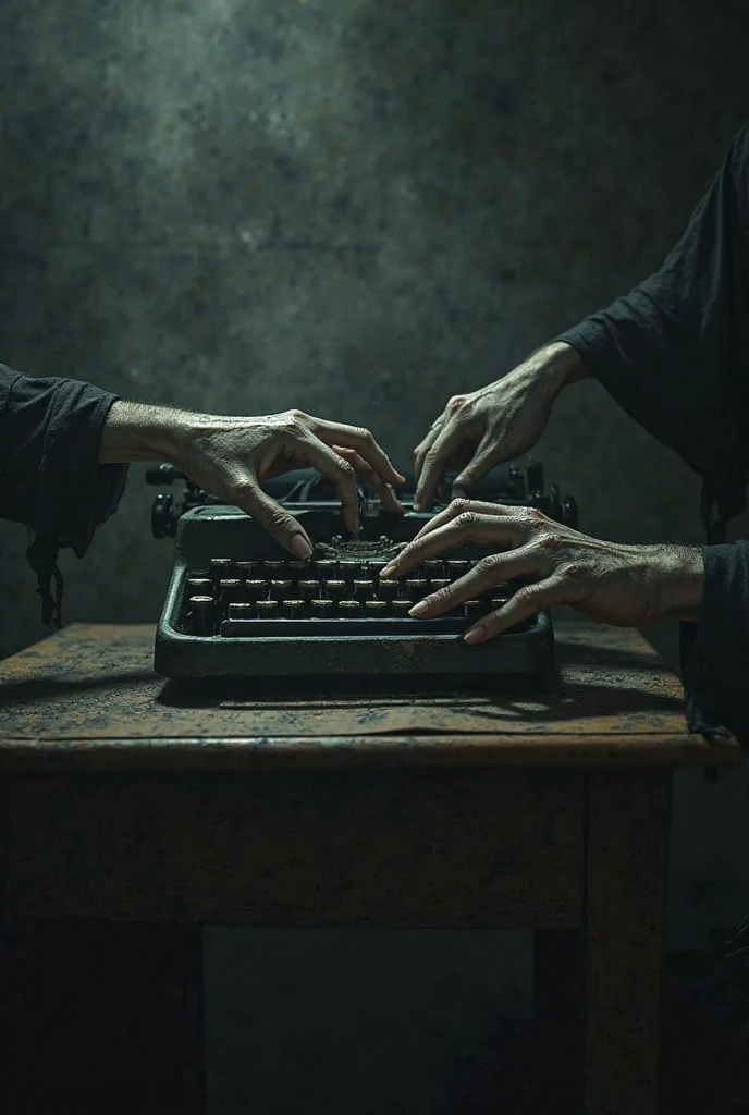A b&w image of a typewriter with blood on hit. On the typewriter are two hands writing. The hands are dirty and very injured bloody. The typewriter is lit by a table lamp that is not in frame. The hands are writing while blood drips onto the typewriter's keys. The writing room has no lights in it and it is a horror setting 