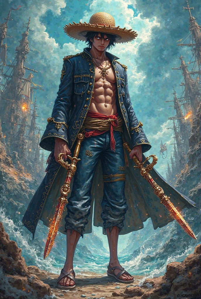 Luffy Straw Hat character of One Piece japan manga fight fight star war darth vader background is Thousand Sunny ship in the sea blue sky ,a lot item around