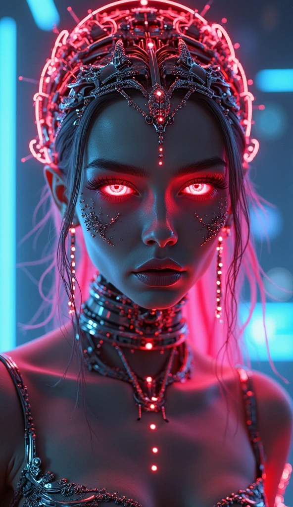 "Crimson Cyber Empress" – A futuristic, ultra-realistic portrait of a cybernetic queen with perfect golden ratio symmetry, glowing crimson-red eyes, and sleek metallic facial tattoos. Her high-tech crown of neon circuits and polished chrome pulses with energy. The background is a cyberpunk cityscape bathed in deep blue and magenta neon lights, with misty holograms swirling around. 8K Octane Render, Unreal Engine, sci-fi elegance, luxury, intricate details, photorealistic.