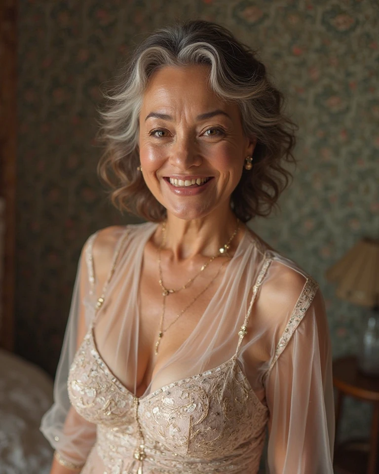 Beautiful elderly woman, cute,sexy,65 years old,,sexy,Wear a pearl necklace, Flowers in her hair, hair bunches, holding a little bunch of white flowers in her hand, posing with flowers, old woman, Ultra big Big saggy soft:1.4, Breasts, Curly Hair, big nipples, mature nipples