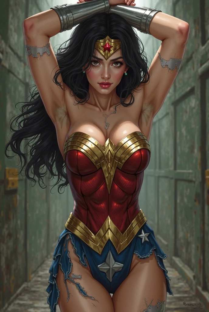 (((mulher maravilha, in the prision with iron bars, estuprada,humilhada))) ,((SUPERHEROINE mulher maravilha IS A FILTHY OLD WHORE)), ((emotional expression,expression of pain and despair, gritando de dor, expression of suffering, olhos arregalados)),(Wonder Woman is standing, on tiptoe), (She's crying a loa tem cabelo preto, ela tem cabelo longo)), ((She wears a thick metal necklace around her neck.)), (Ela esta vestindo roupas imorais, she is wearing indecent clothes), (obra-prima, melhor qualidade) 1.5, 1 garota, sozinho, (sexy, mulher bonita, rosto perfeito, olhos perfeitos), corpo inteiro. ((She is wearing starry lace panties)), tears running down your face)), ((WonderWoman in Strappado bondage ,arms are bound behind their back, then by use of some method of attachment such as a rope or chain that runs from their wrists to a securing point above, their arms are lifted behind them until the person is forced to bend forward)), (((emotional expression,expression of pain and despair, gritando de dor, expression of suffering, olhos arregalados, expression of fear, corpo se contorcendo de dor))), ((She is wearing high heels stilettos))