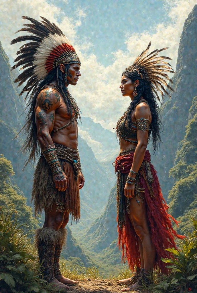 ((highest quality)), ((masterpiece)), (detailed), (Perfect Face)、((The woman is Yuuki Asuna, a tribal woman with dark brown skin, light brown hair, naked body, dark brown painted skin, and a flashy, indigenous look.々She will be the queen of the tribe, with colorful patterns painted all over her body, a gorgeous war bonnet, and lots of gorgeous accessories.))、(The women are dressed in gorgeous clothing and many flashy ornaments, and are presented in the tribal square, clinging closely to the men of the tribe.)、(The man is the king of the tribe and holds the woman close, tightly, and looks at her with satisfaction.)、Women are naked and wear bone jewelry, tribal earrings, tribal necklaces and tribal accessories.、(The man was a strong, black-skinned tribal king, naked and flashy.々A man with a thick penis and testicles, painted in various colors, wearing a war bonnet and a flashy costume.)、The man is wearing the luxurious costume and accessories of a tribal chief、Tribal villages