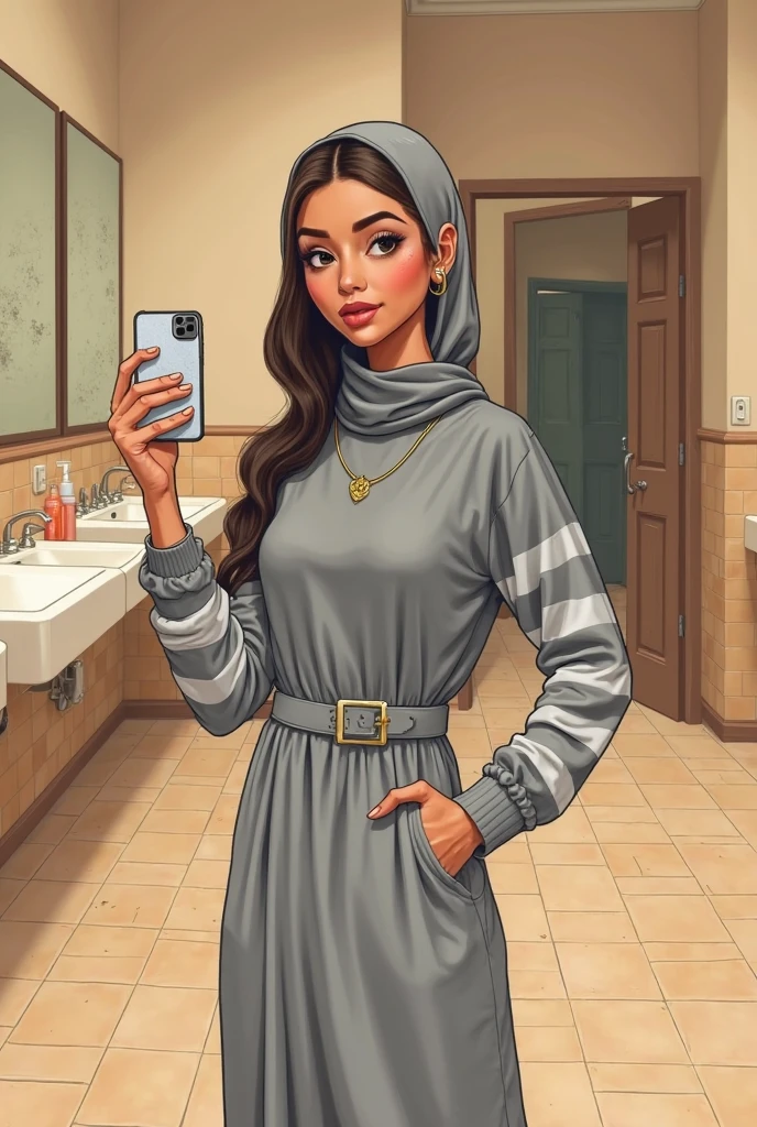 Cartoon with text: 
Cute and adorable face, big detailed eyes, Cute little cartoon girl, with black hijab on, grey bikini, taking a mirror selfie, in bathroom, full body view, standing straight 