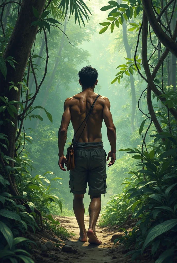 Adult boy on the forest cutting the palm tree