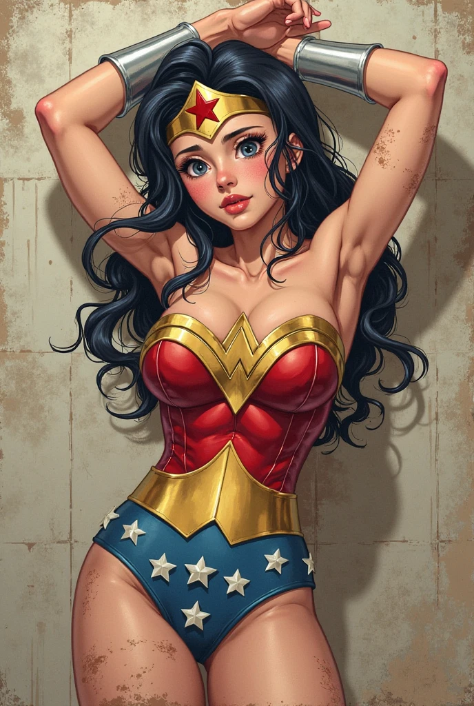 Wonder woman, chained, transparent blouse, blouse clinging to her body