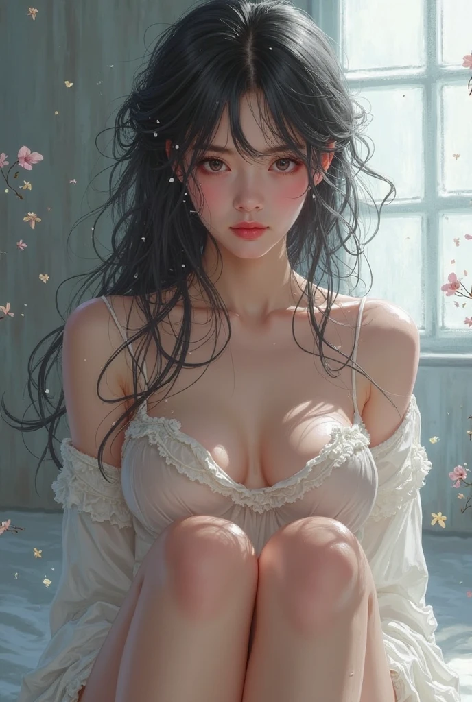  anime girl in white clothes, pregnancy, （stomach:1.5）、Realistic Shadows, Detailed skin, Very small breasts, Black Hair, Very detailed, 8kのVery detailedな顔, perfect face shape, Perfect Lips, Perfect Nose, Correcting Beautiful Eyes, watching viewer, masterpiece, highest quality, Single woman, No bra, No pants, alone