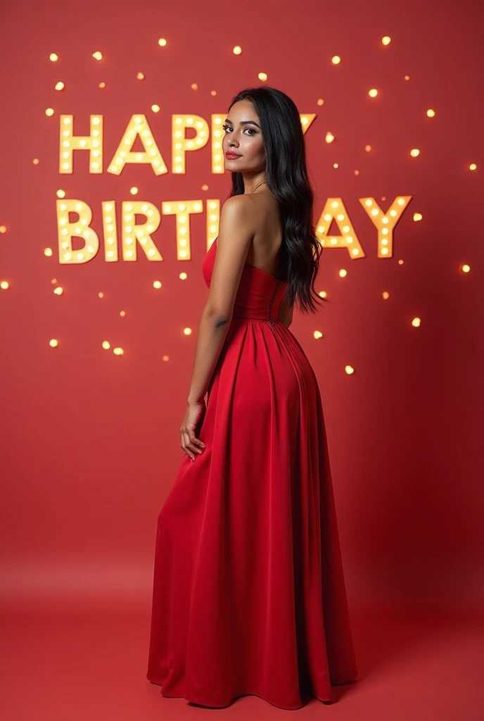 Real Pinay women beautiful semi Chubby fat with red Ballgown with name wall  "Happy Birthday Che Che"with flowers baloons butterflies 
