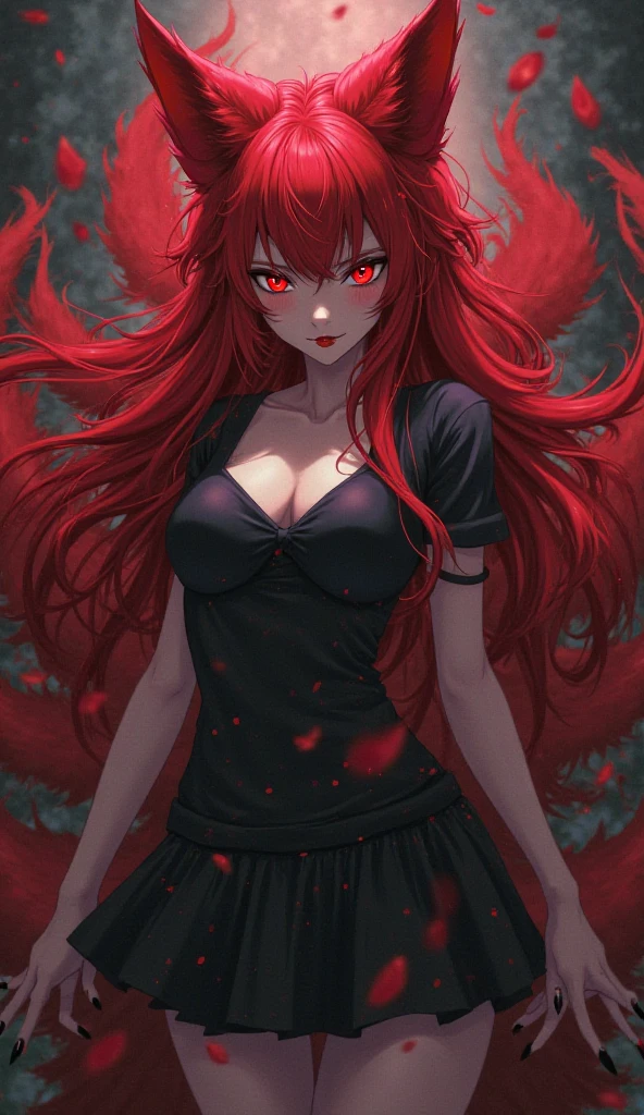 1 anime girl, red hair, black and red skirt, short clothes, medium breasts, cleavage, golden eyes, ray tracing, very long hair, masterpiece, hair between eyes, blush, partially nude, sexy, dynamic poses
