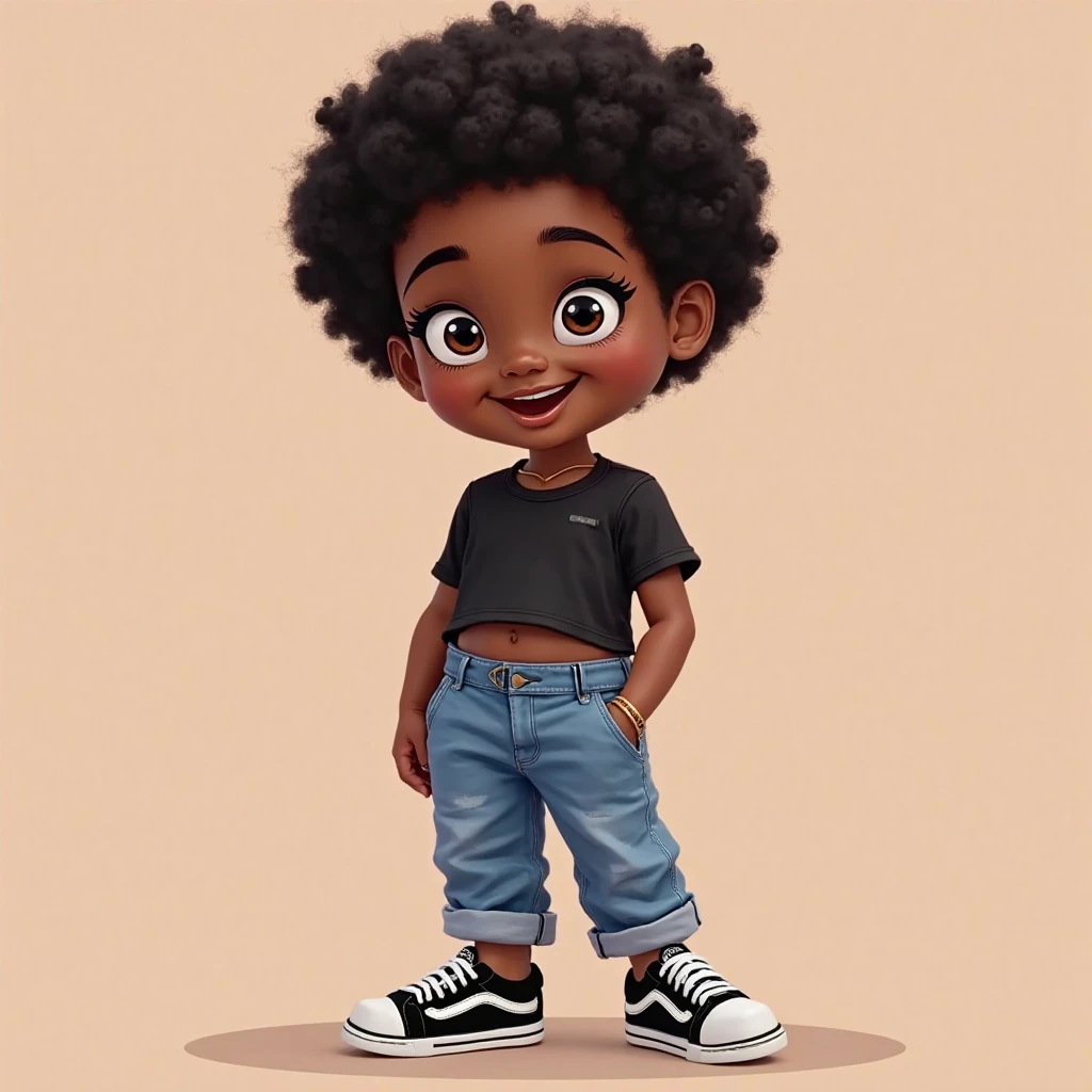 a little girl with pulando standing in front of a microphone, disney animation, brown skin like soil, cold studio lighting, evokes feelings of joy, beautiful artist rendering, as a pixar character, kawai, vestindo calça jeans, inspired by Sheila McClean, artist unknown, cherubic, by Charles Fremont Conner