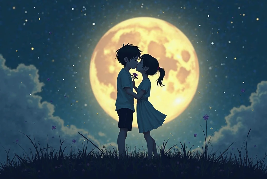 A boy and a girl sitting a tree in night time