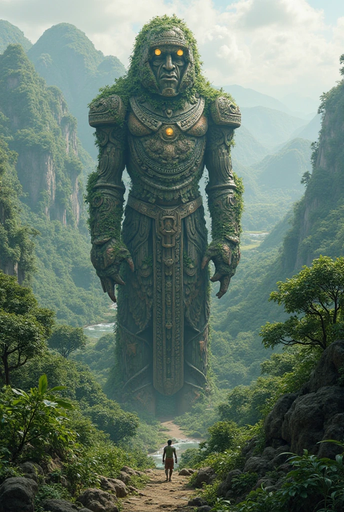 A grand, ancient statue stands at the entrance of a hidden temple deep within a jungle. The statue, depicting a mythical guardian with elaborate armor and an imposing, serene expression, is covered in moss and vines, with intricate carvings visible on its surface. Soft, green light filters through the dense canopy above, highlighting the statue’s details and casting long shadows across the stone floor. The explorer approaches the statue, gazing up in awe, with a sense of reverence and curiosity. The scene evokes a feeling of ancient power and forgotten history, setting the stage for the mysteries that lie ahead.