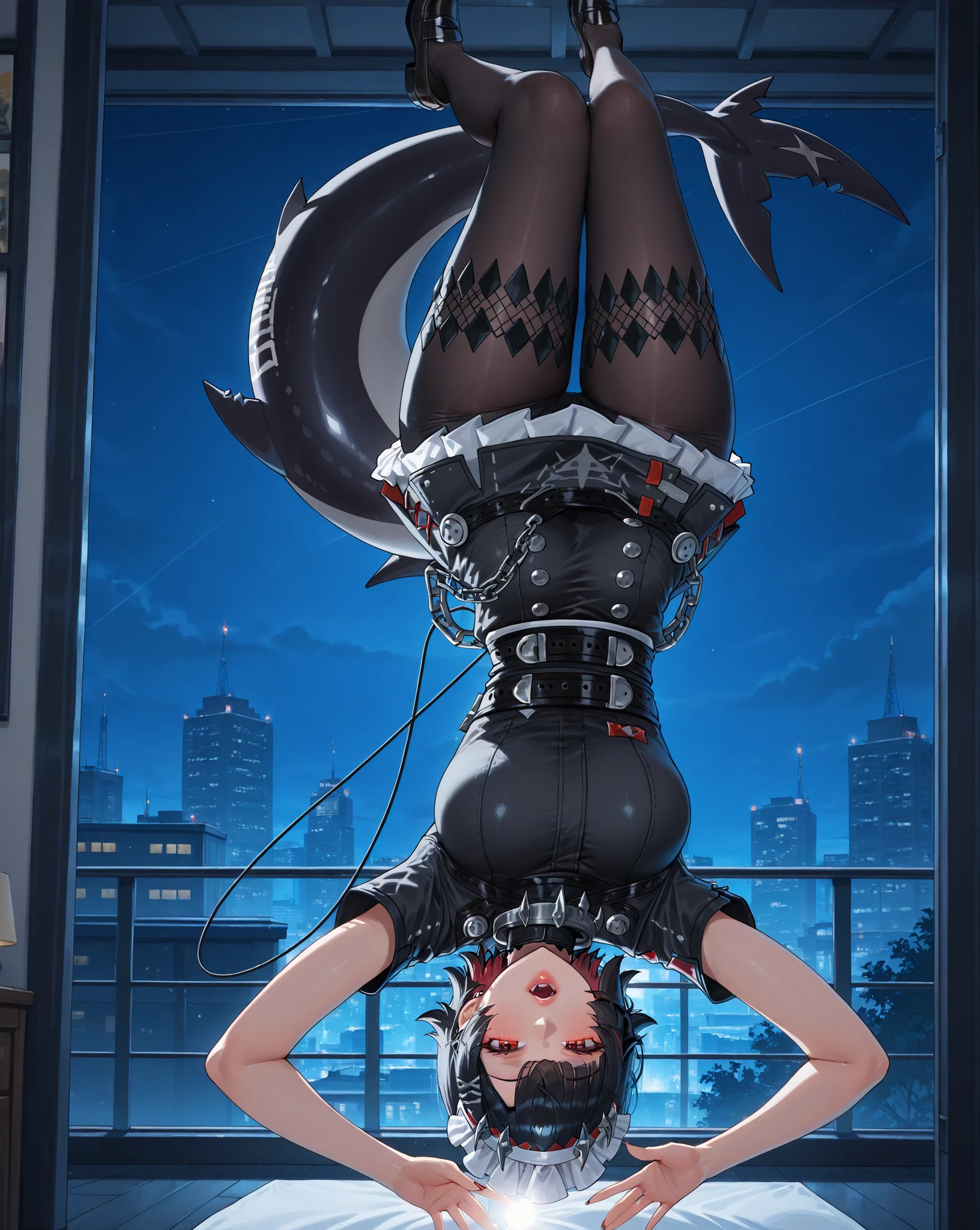 (pose:1.0, upside down pose, dynamic pose, POV taking a selfie, adult Ellen Joe:1.0, Ellen Joe Outfit:1.0, transparent Ellen Joe pantyhose:1.0, shark tail, big mouth:4.0, big lips:4.0, open mouth:5.0, seductive eyes:4.0, detailed face, detailed mouth, small waist:1.0, wide hips:1.0), black hair, Ellen Joe headdress, red eyes, 1woman, alone, night, nightlight, masterpiece, detailed face, perfect hands, perfect eyes, Ellen Joe loafers,