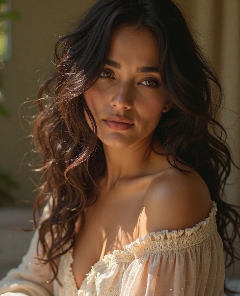 Sexy model with small breasts, wearing a white shirt, black hair, extremely detailed, 25 years old, alluring face, wavy black hair, deep-set brown eyes, high-resolution, masterpiece, intricate details, sharp focus, realistic skin texture, textured fabric, detailed eyes, professionally captured, 4k, seductive smile, shot on Canon, 85 mm, shallow depth of field, Kodak Vision color, naturally radiant complexion, intensely detailed, ultra-realistic, photorealism, photography, 8k UHD, photography.