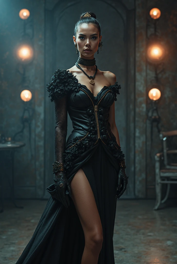 (best quality, 4k, 8k, highres, masterpiece:1.2), ultra-detailed, (realistic,photorealistic,photo-realistic:1.37), gorgeous light skin black woman, vampire, seductive gaze, elegant posture, gothic background, sensual beauty, gothic fashion, black gothic gown, pantyhose, dark colors, moody lighting, full body pose
