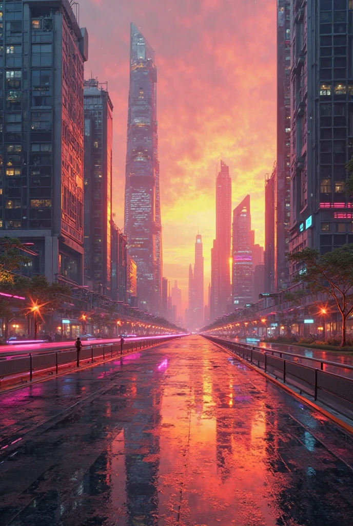 A futuristic cityscape at sunset, with sleek skyscrapers and neon ...