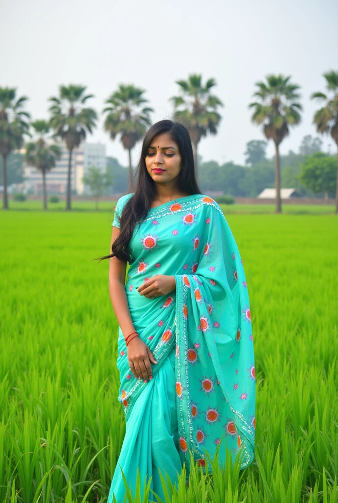 A sexy bangladeshi adult thin girl wearing blue coloured sharee and blouse with hijab standing in a pine apple garden.The weather is so calm.