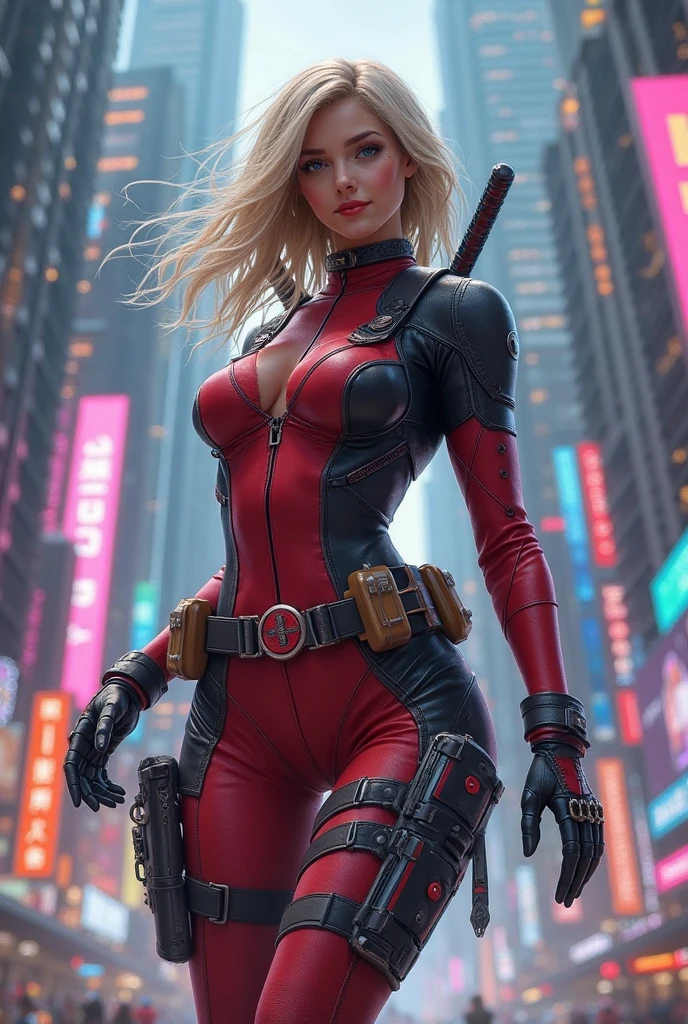Front Focus, handsome girl, Elegant boots, I'm standing on the roof of a high-rise building, endearing smile, Crew Cut, Deadpool, The perfect female face, A detailed eye, long eyelashes