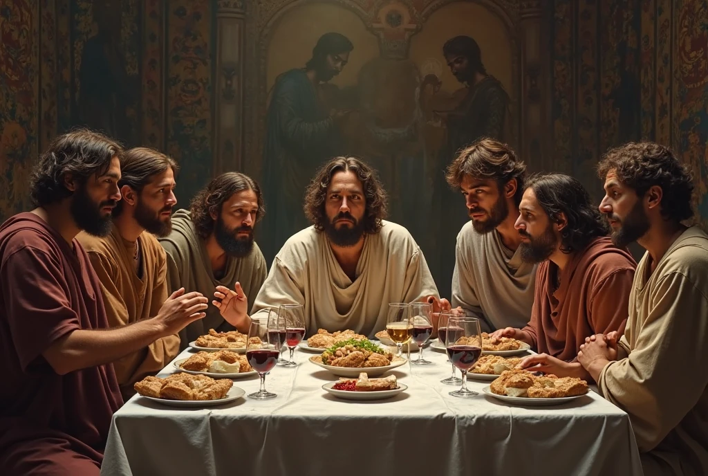 A serene yet detailed scene depicting the sons and daughters of Job gathered around a large, elegant banquet table in a spacious, ancient house. The family is enjoying a lavish feast with an abundance of food and wine, their faces full of joy and contentment. The room is warmly lit by oil lamps, and the atmosphere is festive, with rich decorations adorning the walls. Outside the windows, the sky is calm and clear, giving no hint of the impending disaster, capturing the moment of peace before the storm described in the story of Job.