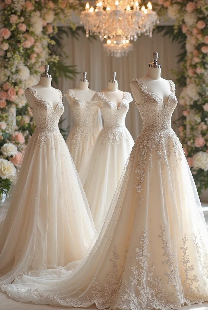 Create 5 long white dresses with pearl lace inspired by princesses
