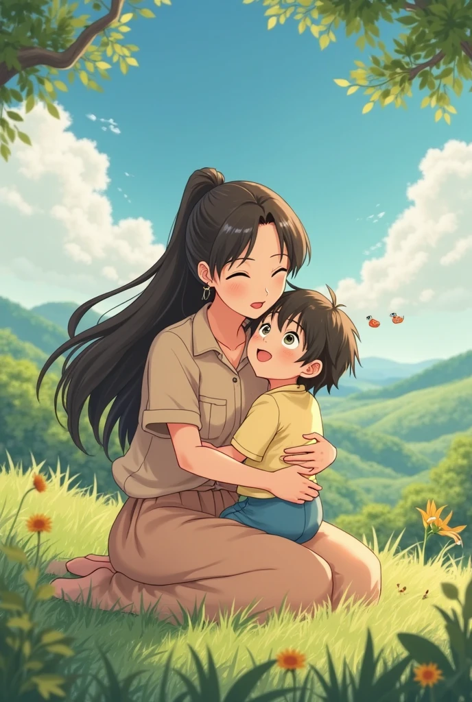 Happy family scene。Mother and son landscape。Under the clear blue sky、A young mother in her 20s hugs her son tightly and warmly after work。He buried his face in his mother'He shrugged his shoulders and looked relieved..。The overall scene exudes a warm and moving atmosphere..。」like。like, forgiveness, Focus on the face、