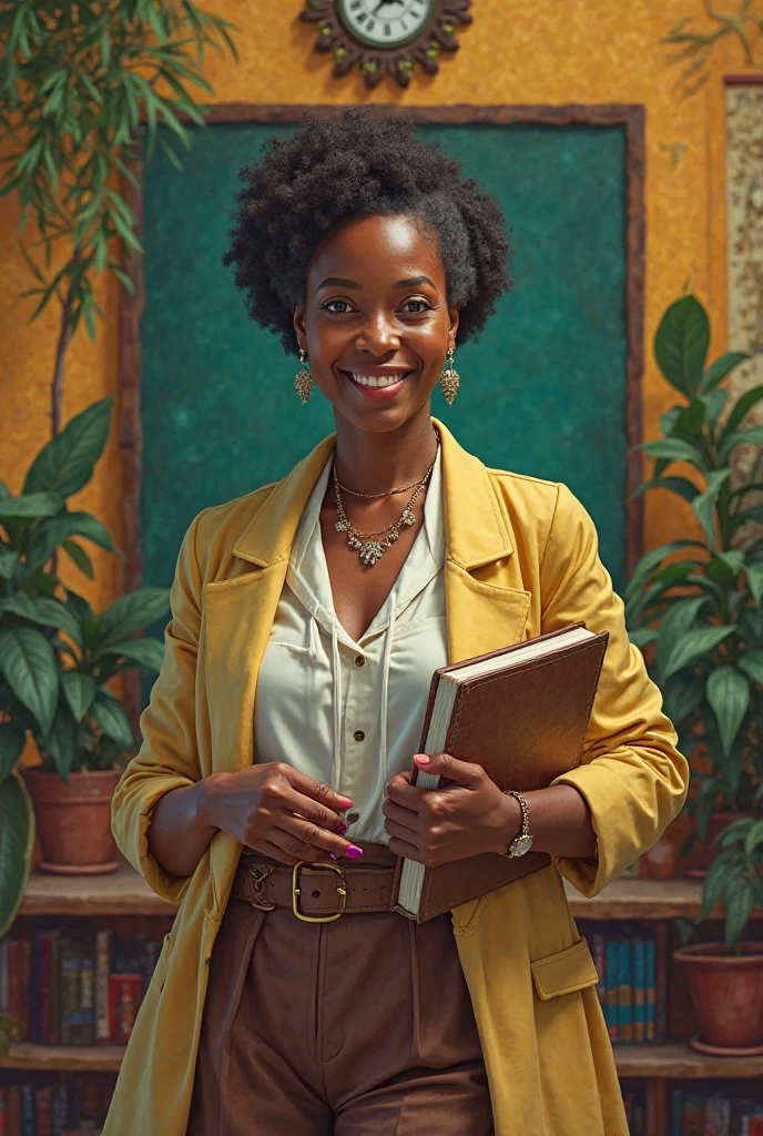 A young black woman, with loose black hair, wearing a yellow dress and holding a book in her hands