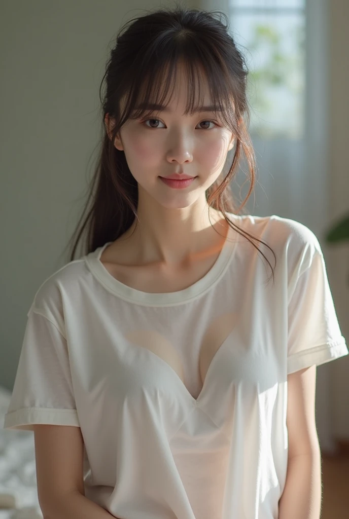 Japanese woman wearing a baggy t-shirt in natural light、Her clothes are rolled up to expose her chest and stomach。Underwear is visible。The bangs are thin and straight.、Brown long hair。Baby Face