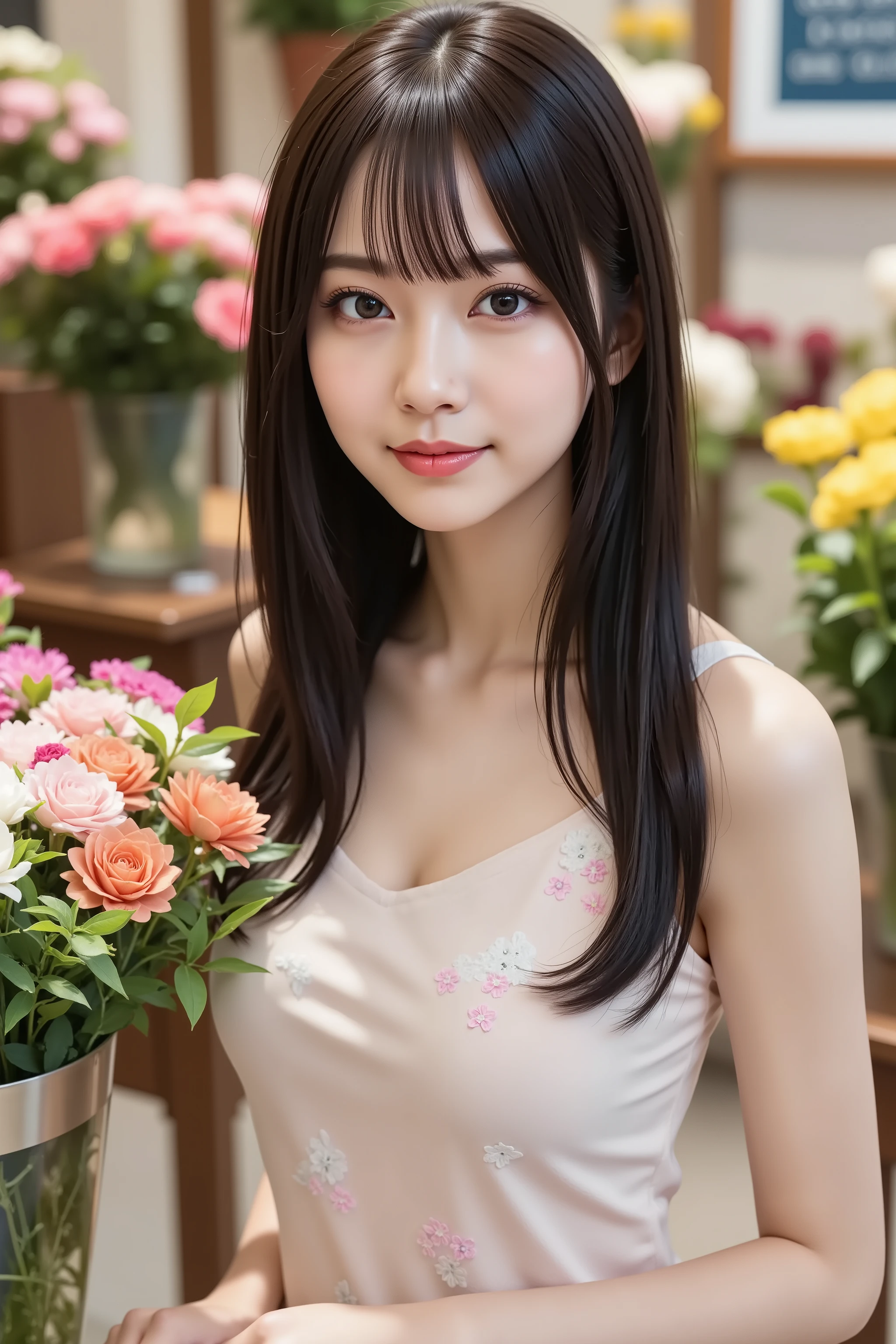 A medium close-up shot, ultra-realistic digital illustration of a beautiful young Asian woman, with her upper body fully visible and her face centered in the frame. There is a slight space above her head to ensure her entire head is within the image. She has long, smooth black カーリーhair with soft bangs, and her clear, luminous skin complements her warm, inviting smile. Her large, expressive eyes are enhanced by natural, elegant makeup. She is wearing a well-fitted, pastel-colored one-piece dress with delicate floral patterns, exuding a graceful and approachable charm. The background features a vibrant flower shop filled with a diverse array of colorful blooms and lush green plants, creating a lively and welcoming atmosphere. The image is rendered in 8K resolution, capturing every intricate detail with pristine clarity.