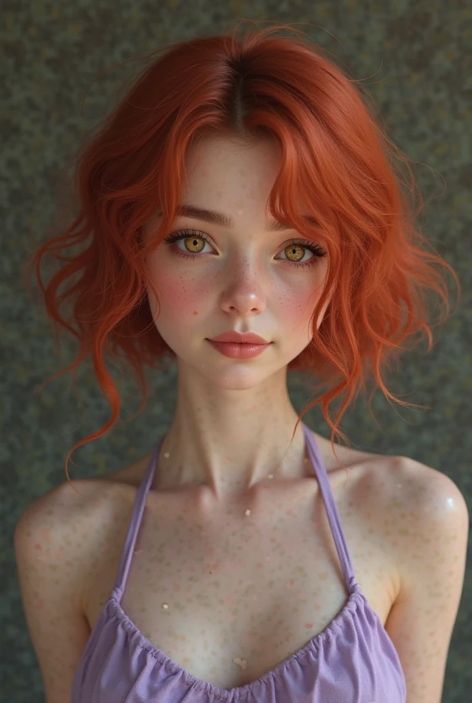 ultra-realistic, slender girl on her back looking over her shoulders, 20 years old, green eyes, detailed facial features, high resolution masterpieces, short curly red hair, fair skin, full body, thin thighs, small breasts, slender buttocks, detailed and defined eyes with eyeliner, thong, no bra, thic, 3d render character art, 8k, realistic character concept, unreal 3d engine, detailed