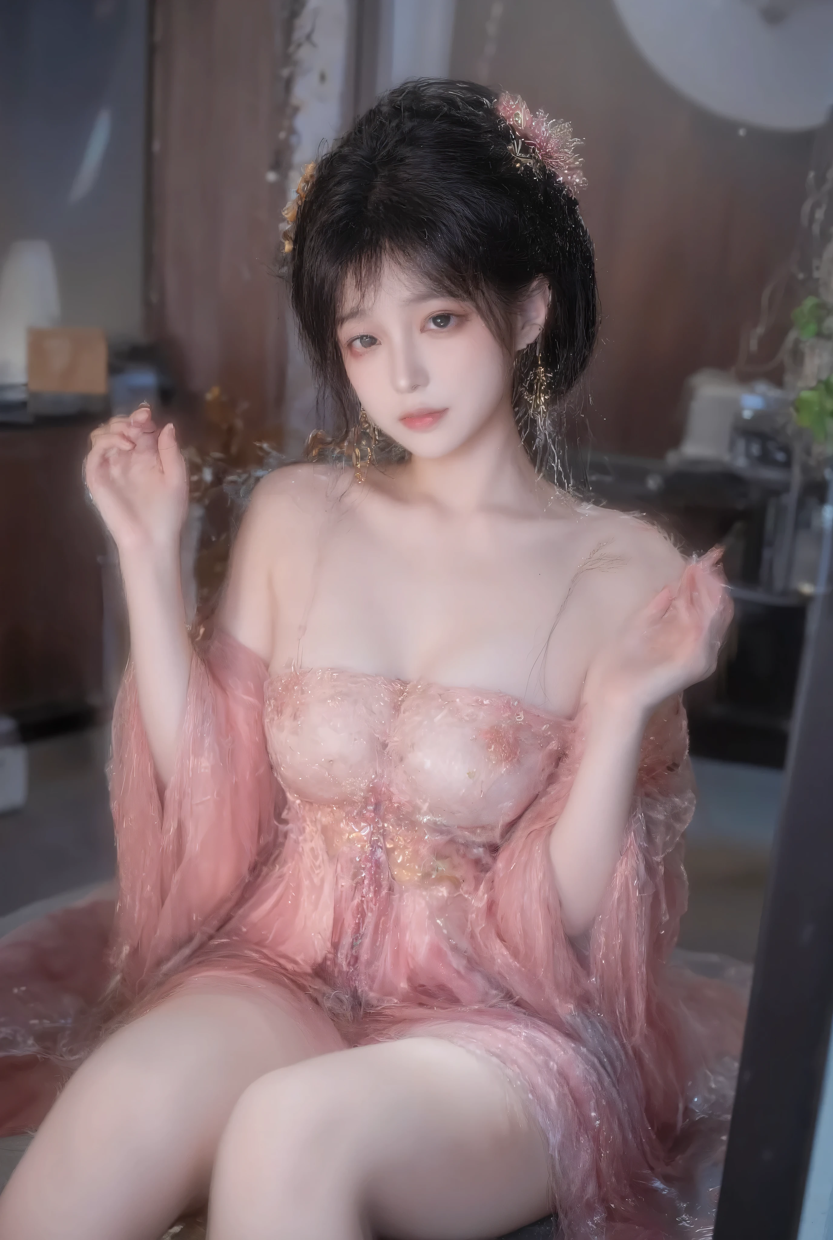 girl,solo,dress,earrings,jewelry,long hair, ancient female chinese clothes,looking at viewer , Chinese dress,brown eyes, black hair, sexy camisole, camisole like a pink see through cloth, revealing full thights and hip and venter, top quality, Masterpiece, Ultra High Resolution, High Definition RAW Color Photos , pro pics, natural skin texture, fine skin, hyperrealism, smiles,Earrings, gigantic breasts, slit dress, camisole, collarless dress