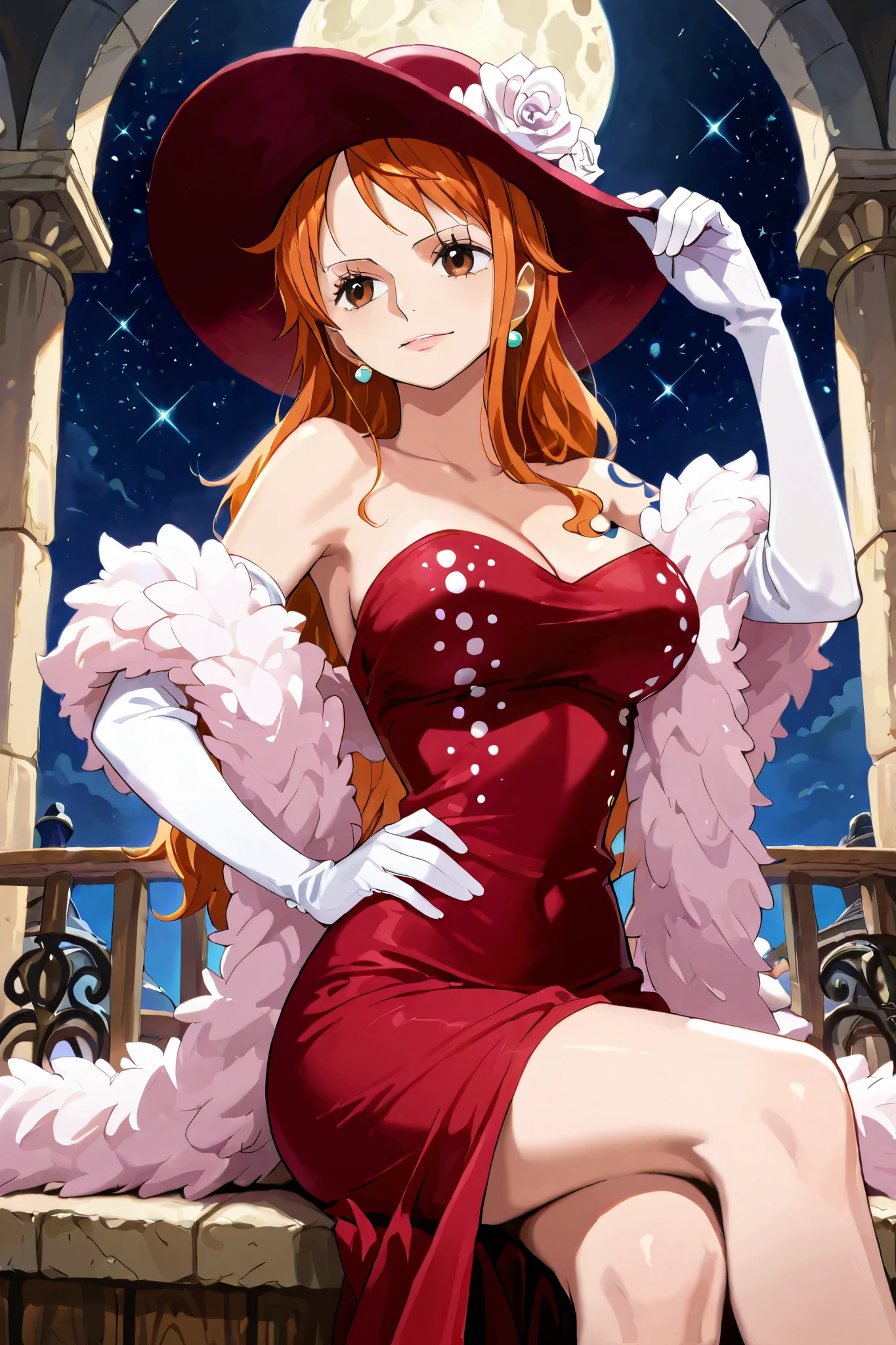 (masterpiece) solo, 1girl, nami, one piece, long orange hair, earrings, brown eyes, sleek legs, red wide flat-brim hat with a ribbon decoration), white fur boa, red long dress with sequins, off shoulder,  strapless,  ((white elbow length gloves)), (smiling, coy, confident), sitting at a table in a marble courtyard, (right hand on hip, tipping her hat with left hand) night scene, starry background, full moon in the sky, elegant pose, , razzle dazzle vibes, cowboy shot, facing the viewer, gendou pose, own hands clasped, own hands together