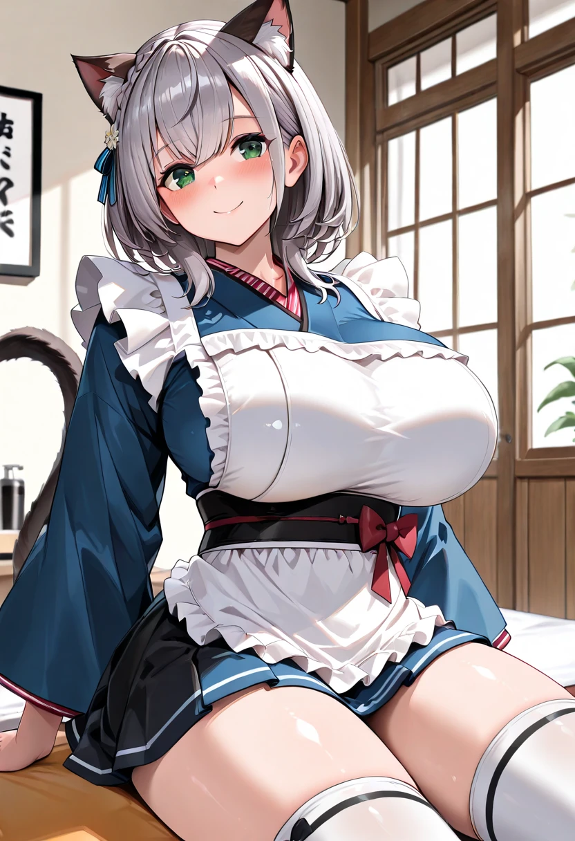 (masterpiece, best quality:1.3), (from above:1.3), Yagokoro Eirin, Touhou Series, perfect face, expressive eyes, 1woman, looking at viewer, 38 years old, gorgeous body, big breast, beautiful, anime, lora,1woman, silver hair, braid hair, nurse cap, black and blue clothes, long skirt, (cinematic lighting, realistic, dream-like, enchanting atmosphere:1.5), (an old japanese mansion with moonlight leaking, in bamboo forest, midnight, big full moon:1.3)