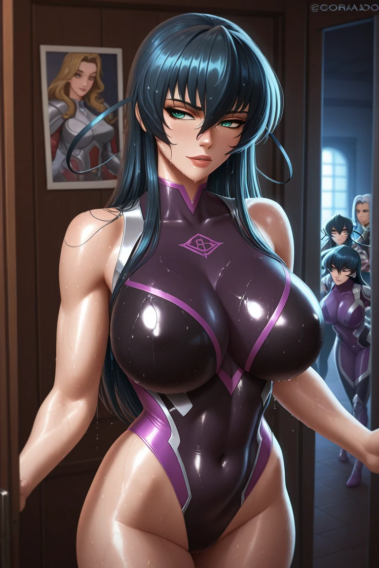 absurdres, (realistic:1.5), (masterpiece, Extremely detailed CG unity 8k wallpaper, best quality, highres:1.2), (ultra_detailed, UHD:1.2), (pixiv:1.3), perfect illumination, distinct, (1girl:1.4), (bishoujo:1.2), looking at viewer, unreal engine, sidelighting, perfect face, ultra detailed face, perfect body, beautiful eyes, pretty face, (bright skin:1.4), (abs), (navel), (Annerose:1.1), black hair, long hair, (yellow eyes:1.1), (large breasts:1.1), bodysuit, higheels, shiny clothes, skin tight, hair intakes, covered breasts, sideboob, cleavage, (solo:1.4), ultra detailed eyes, ultra detailed lipstick, ultra detailed makeup, makeup, glowing eyes, ultra detailed lips, lips, lipstick