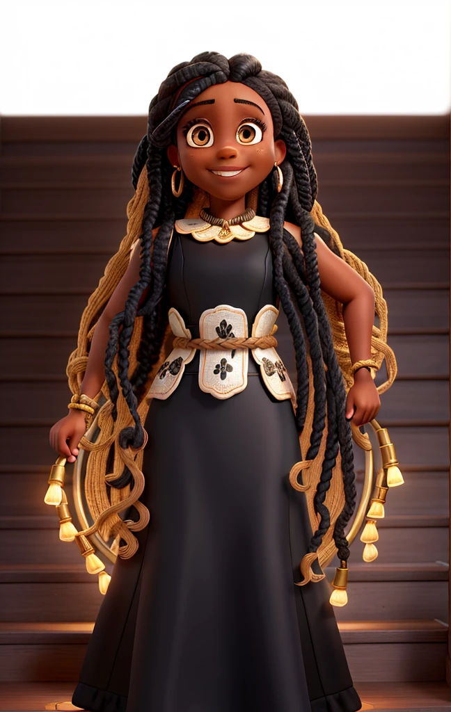(masterpiece),(best quality),(ultra-detailed), (full body:1.2), black woman, teenager, warrior, fantasy universe, long dress black, light smile, flower, outdoors, turban, :3, afro clothes, princess, blurry, brown hair, black hair, background abstract (beautiful detailed face), (beautiful detailed eyes),