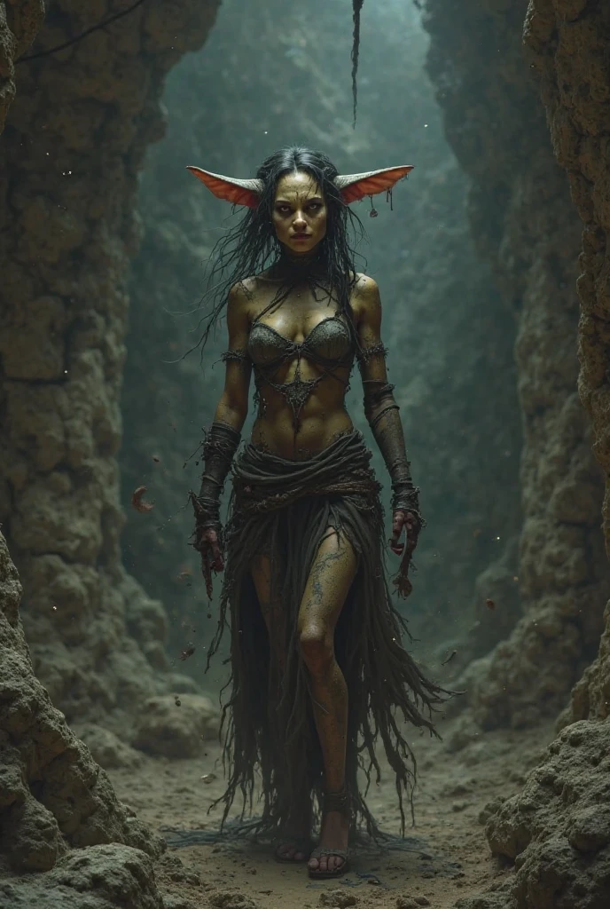 Sexy elf in zombie version, rotting the body, leaking fluids, Color put death, open wounds