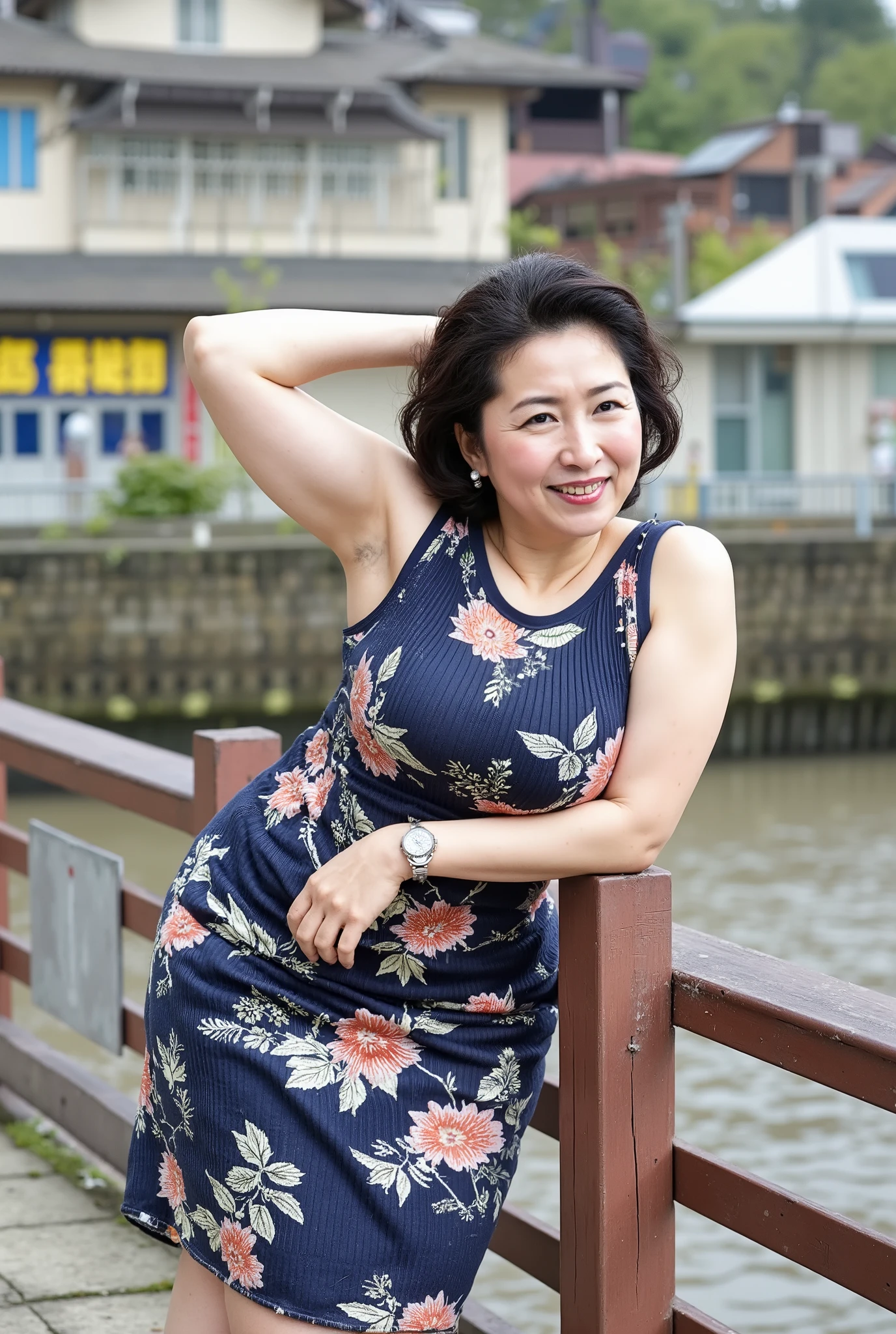 丰满The background of the 46-year-old 东北阿姨在初春的江边。Leaning on a riverside railing, the surface of the river ,House in the distance,Building, Living Area ,Shops,passing vehicles,pedestrian。full body portrait,Organic Photography、 best quality 、 masterpiece、。The background of the 46-year-old 、plump and obese body、 with an elegant face , She has fine wrinkles around the corners of her eyes 、 Lovely smile 、 Wearing a sleeveless turtleneck sweater,There is a big(crazy bunny)pattern ,Pencil Skirt,curls、fair skin,real skin texture, thick body , Flat Stomach ,Big Guy, Big Guy,blurry background