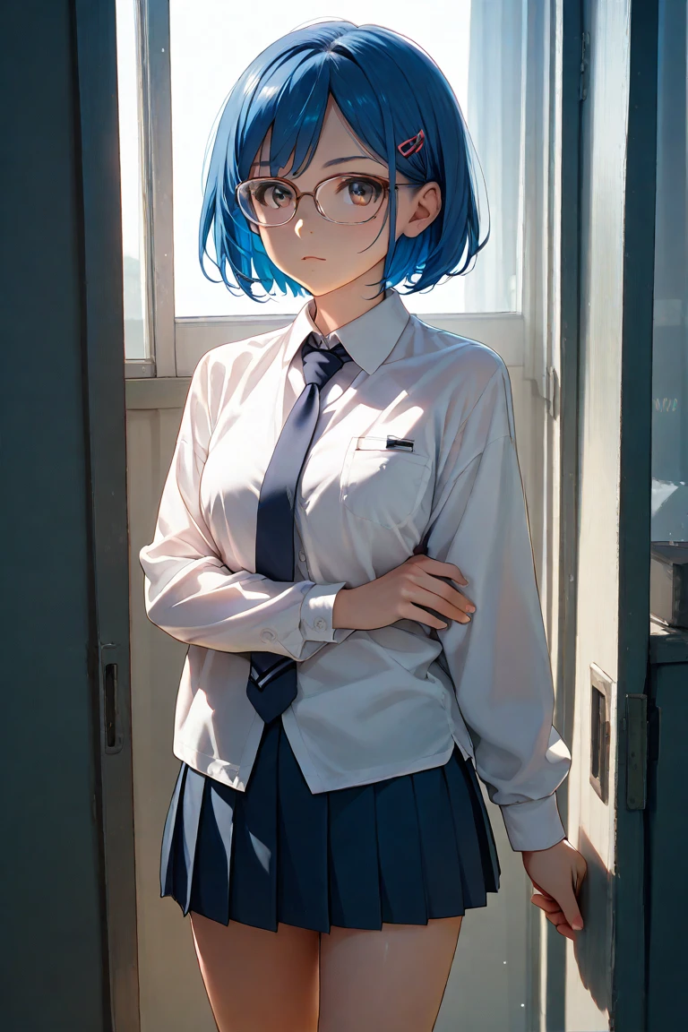 ,girl,best image quality,,Blue Hair,,blue eyes,glasses,white skin,,short hair,straight hair,half eyes,,wet with sweat,pleated skirt,Y-shirt,tie,navy blue cardigan,chest,,library,tilt one's head,,small,